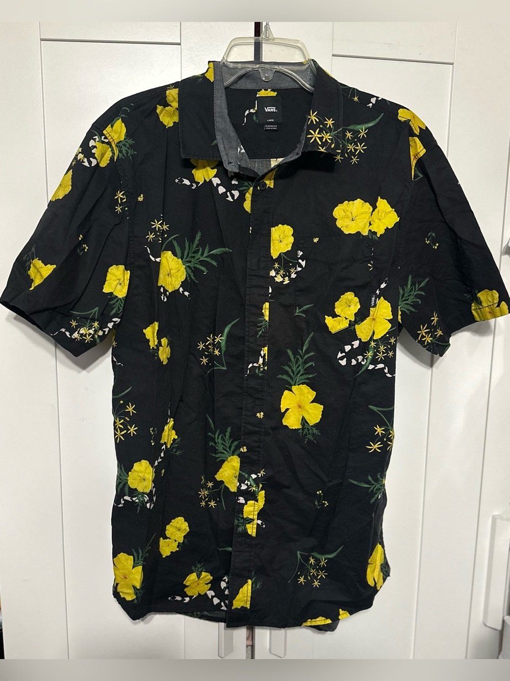 Vans Black Short-Sleeve Button-Down Shirt with Yellow Floral Print